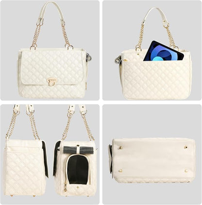 Fashion Dog Purse for Small Dogs with 2 Super-Large Pockets, Holds Up to 10lbs PU Leather Pet Carrier, Cat Carrier, Airline Approved Puppy Purse for Travel (White, Small Size)