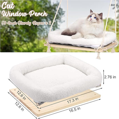 MCEAST Cat Window Perch with Cushion Bed Fluffy Blanket 4 Strong Suction Cups Hanging Window Shelf Easy to Install Solid Window Hammock for Small Medium Indoor Cats, Natural Wood Color