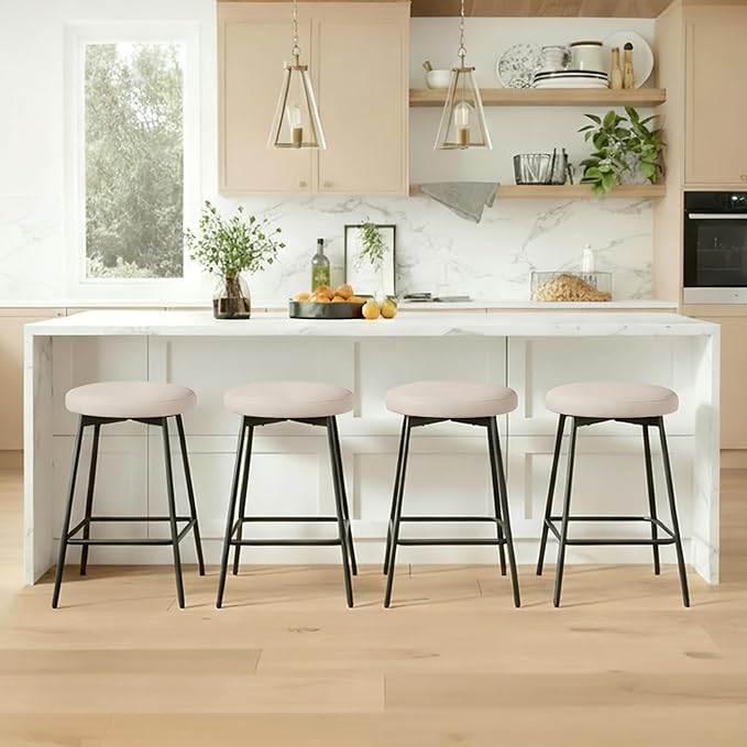 Swivel Bar Stools Set of 6, 24" Counter Height Bar Stool, Backless Barstools with Faux Leather Upholstered Seat&Sturdy Wood Legs for Kitchen Island, Beige