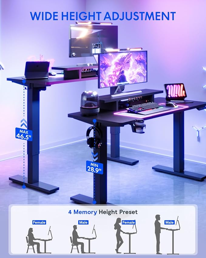 FLEXISPOT Standing Desk with Monitor Stand, 48 x 24 Inches One-Piece Electric Height Adjustable Computer Desk with Cup Holder, Home Office Desks (Black Frame+ Black Top)