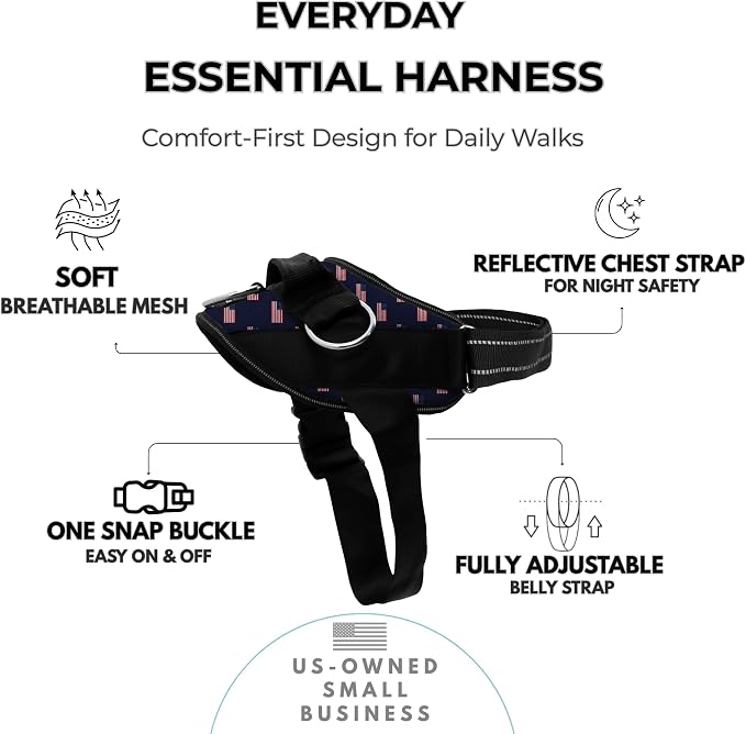 ShawnCo Essential Dog Harness, No-Pull Pet Vest (USA Flag,S) | 3 Leash Clips, Easy On, No-Choke, Reflective, Adjustable Fit, Padded Comfort, Control Handle, For Small, Medium & Large Dogs