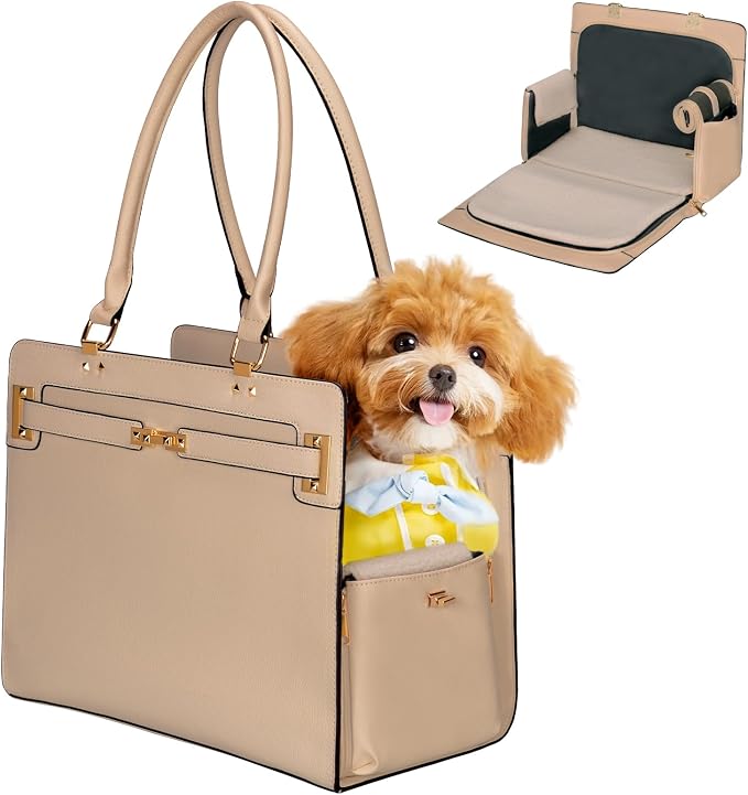 2-in-1 Stylish Dog Purse Carrier Soft-Sided Carriers Travel Tote Bag for Small Dogs Cats, Fashion Foldable Pet Bag for Puppies Small Animals with Pockets (Khaki, 15" L x 7.5" W x 12.2" H)
