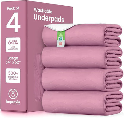 IMPROVIA® Washable Underpads, Heavy Absorbency Reusable Incontinence Pads for Kids, Adults, Elderly, and Pets, Waterproof Protection Floor (Pink, 34"x52" (Pack of 4))