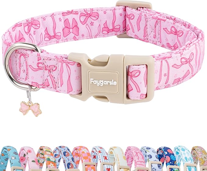 Faygarsle Cute Pink Bow Pattern Dog Collar for Summer Spring DesignSmall Medium Large Dogs M