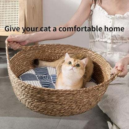 Cat Bed, Straw Woven Cat Baskets Bed, Round Wicker Cat Basket Nest, Non-Slip Cozy Kitten Bed for Cats Small Dog (Only Nest,Large)