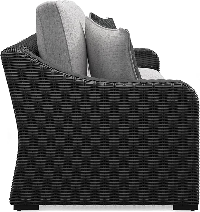 Signature Design by Ashley Beachcroft Casual Nuvella Weather Resistant Fabric Outdoor/Indoor Sofa with Cushion and 2 Toss Pillows, Black & Light Gray
