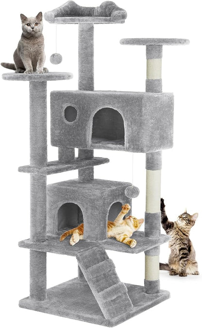 DUMOS 54-inch Indoor Cat Tree Tower –Multi-Level Pet House for Large Cats with 2 Condos, Scratching Posts, Round Platform, Small Ladder, and Toys, Light Grey