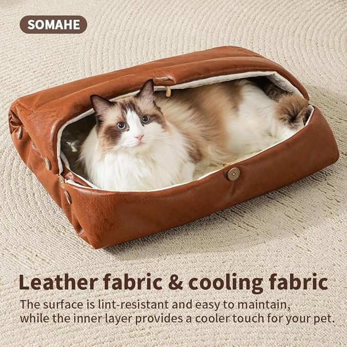 Cat Beds for Indoor Cats Dog Bed for Small Dogs 5 in 1 Function - Leather Mats Bed Cave Pillow Pad for Puppy & Kitten Four-Season 27.5 * 35.4inch Brown
