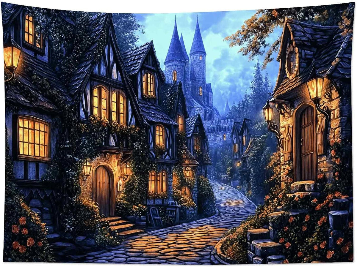 LB Vintage Castle Tapestry, Night Street Old House and Green Tree Wall Tapestry for Bedroom Aesthetic, Village Gothic Wall Art for Living Room Dorm Home Decor Ready to Hanging, 92.5 x 70.9 Inches
