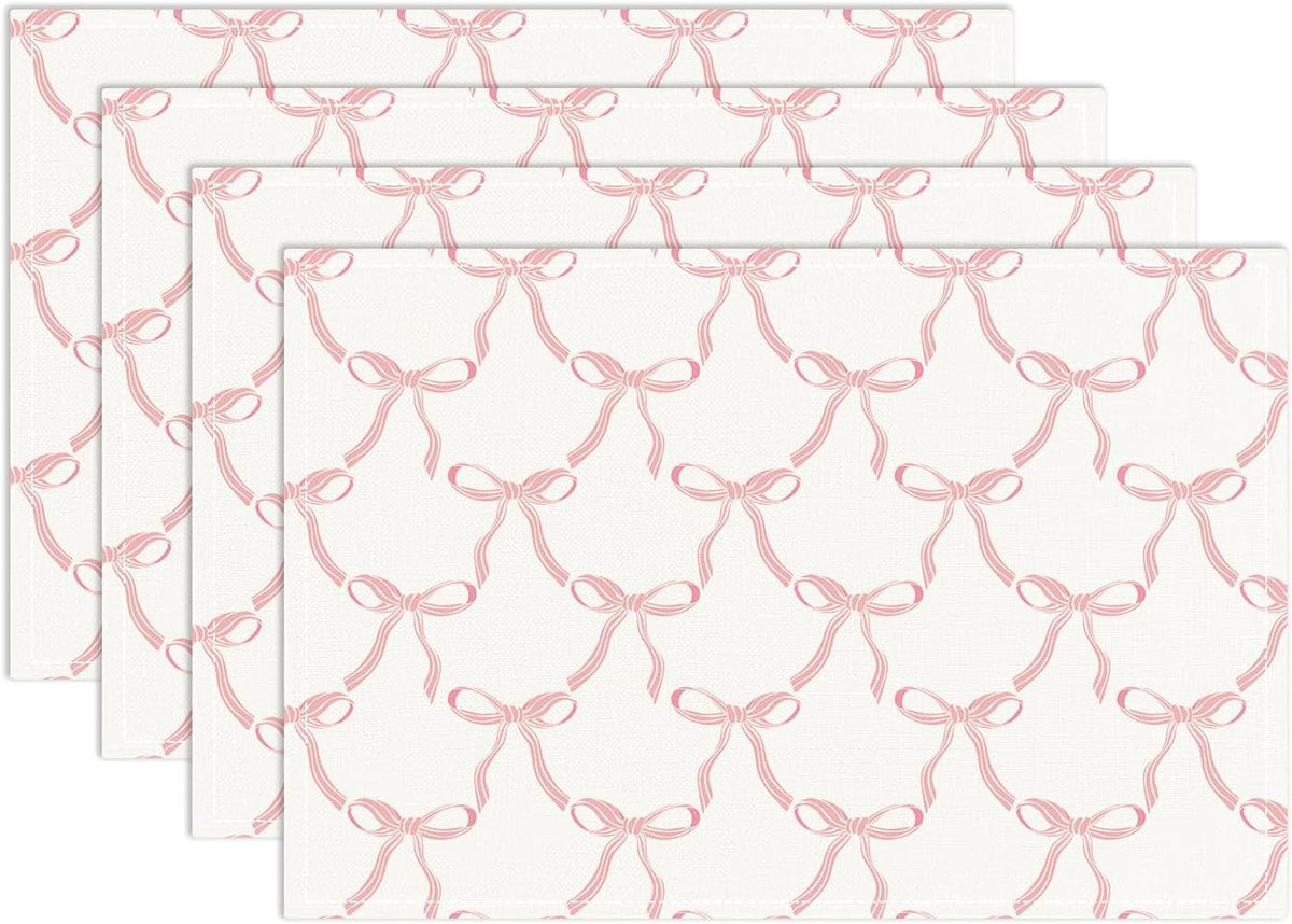 Placemats Set of 4, Pink Bow Table Mat for Home Kitchen, Restaurants, Outdoor Linen Washable Place Mats 12x18 inch Party Event Dining Decoration-06