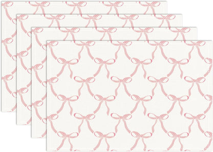 Placemats Set of 4, Pink Bow Table Mat for Home Kitchen, Restaurants, Outdoor Linen Washable Place Mats 12x18 inch Party Event Dining Decoration-06