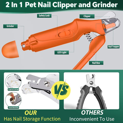 Dog Nail Clippers & Cat Nail Clipper With Catcher, 2 In 1 Dog Nail Trimmers & Grinder With Light for Large Small Dogs Cats,Silent Groom Pro Claw Trimmer, Rechargeable Dogs Nails Grinder Quiet