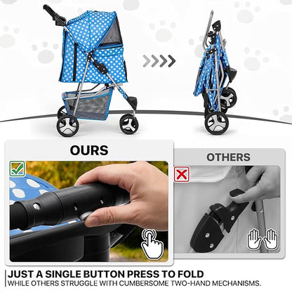 MoNiBloom 3 Wheels Pet Dog Cat Stroller for Small Medium Dogs Cats, Foldable Jogger Stroller w/Storage Basket and Cup Holder, Sky Blue Polka Dots