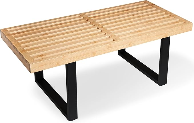 Bamboo Nelson Slat Wooden Bench, Small Wood Benches for Entryway, Living & Dining Room, Kitchen, Bedroom, Bathroom, Hallway, Front Door, For Indoor & Outdoor Patio Use, Mid Century Modern Decor