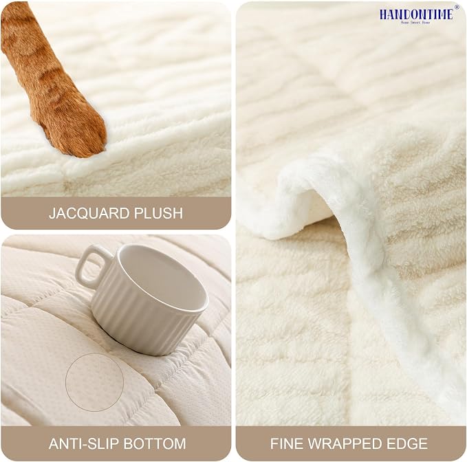 HANDONTIME Jacquard Couch Cushion Cover for Dogs, Beige, 35.4" x 70.9" | Washable, Fuzzy, Geometric Jacquard, Non-Slip, Pet-Friendly