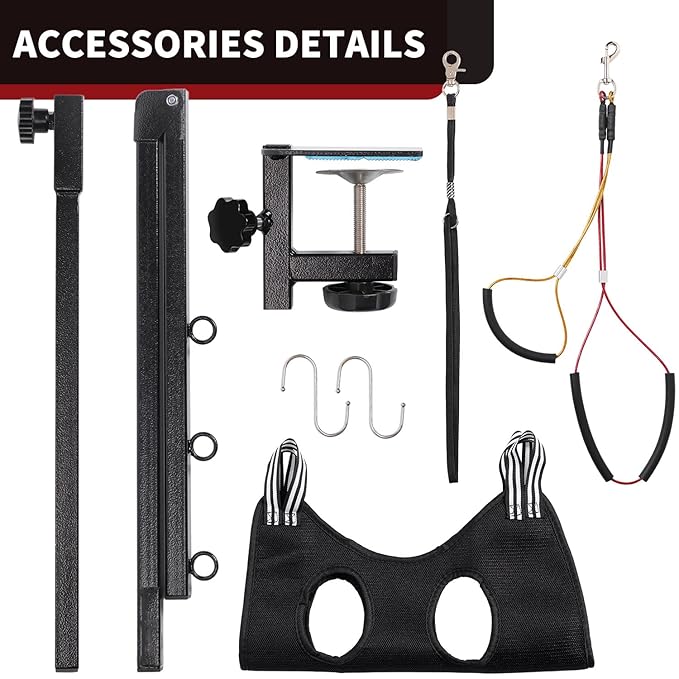 Dog Grooming Table Arm with Hammock - Adjustable Height, Pet Grooming Hammock, No Sit Haunch Holders, Loop Noose Heavy-Duty Clamp (Black)