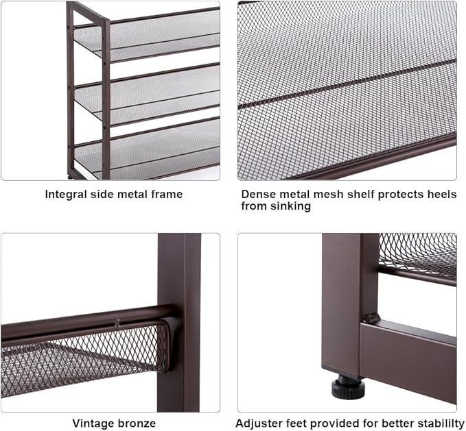 SONGMICS Shoe Rack, 3-Tier Shoe Organizer, Metal Shoe Storage for Garage, Stackable Shoe Shelf, with Adjustable Flat or Angled Shelves, 9-12 Pairs, Bronze ULMR03A