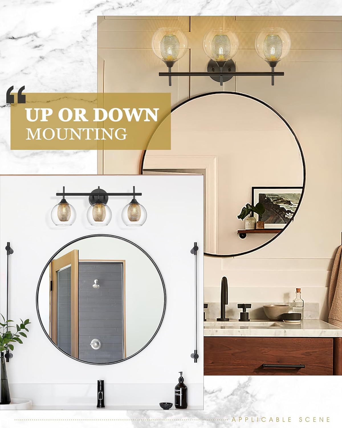 Bathroom Light Fixtures, 3-Light Black and Gold Vanity Lights Over Mirror, Farmhouse Wall Sconce Lighting with Clear Glass and Honeycomb Metal Shade, AD-22001-3W-BK