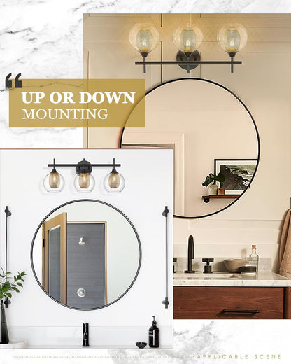 Bathroom Light Fixtures, 3-Light Black and Gold Vanity Lights Over Mirror, Farmhouse Wall Sconce Lighting with Clear Glass and Honeycomb Metal Shade, AD-22001-3W-BK