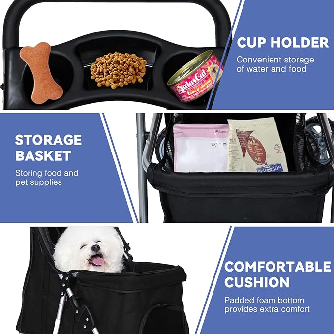 Dog Stroller for Small Dogs,Pet Stroller Strolling Cart 4 Wheels Folding Pet Gear Lightweight Waterproof with Storage Basket for Puppy Small Medium Dogs Cats for Travel,Black