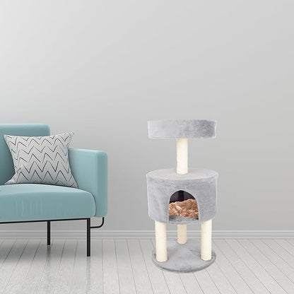 4-Tier Round Cat Tower - Large Cat Condo, Napping Perch, and 4 Sisal Rope Scratching Posts - Cat Tree for Indoor Cats by PETMAKER (Gray)