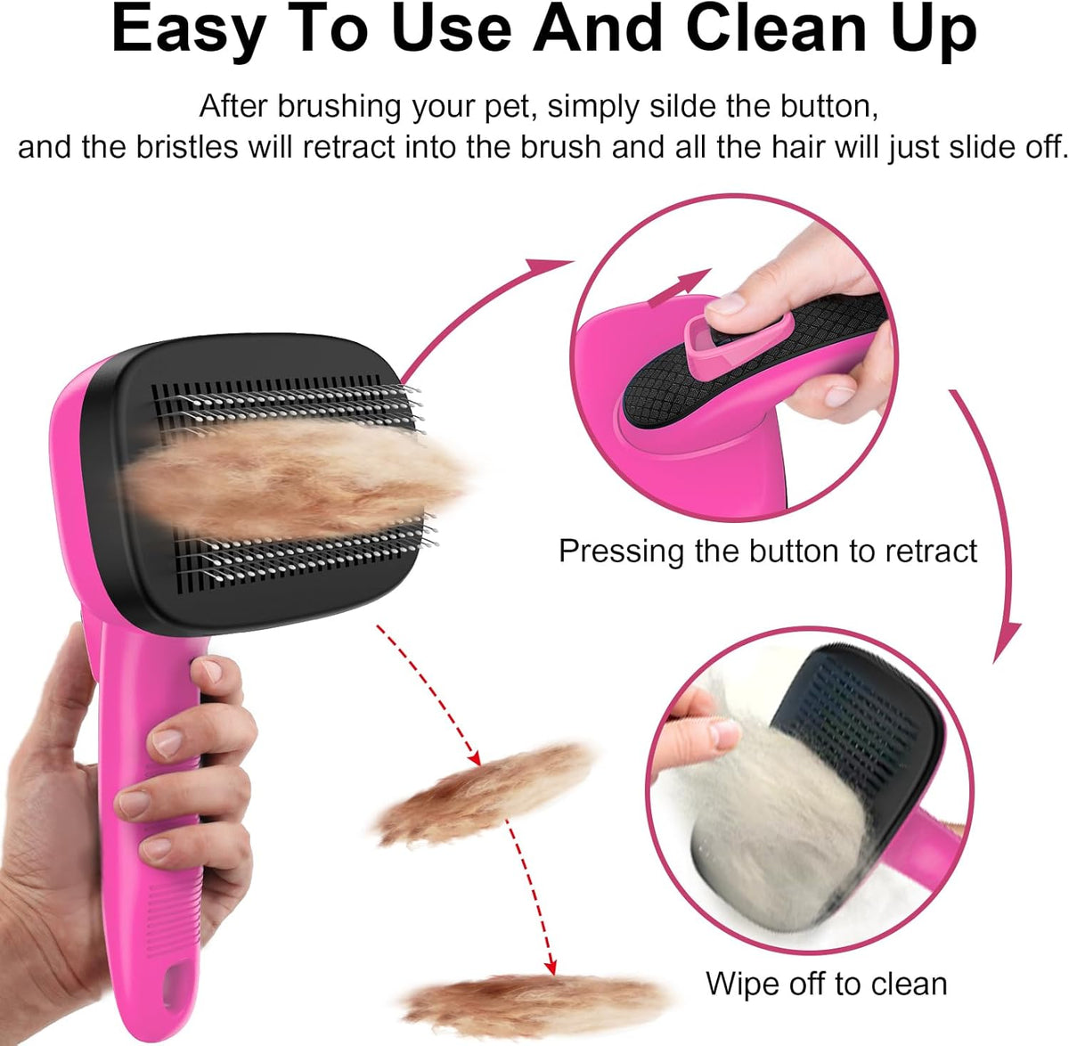 Self Cleaning Slicker Brush for Shedding Long Short Haired Dogs & Cats, Remove Loose Tangling Knot Undercoat Fur Mats, Grooming Brush with Retractable Bristles for Small Medium Large Pet, Pink