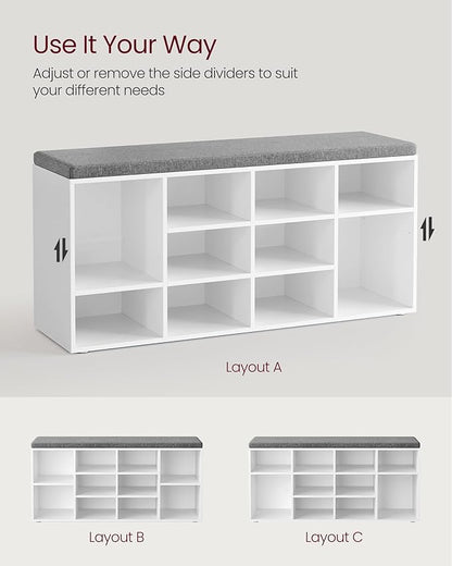 VASAGLE CUSTOS Collection - Shoe Bench, Storage Bench with Padded Seat, Entryway Bench with 12 Compartments, for Bedroom, 11.9 x 40.9 x 18.9 Inches, Cloud White and Slate Gray ULHS012W14