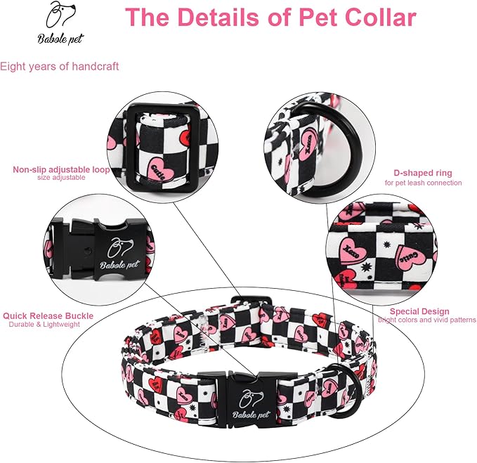 Valentines Dog Collar for Small Dogs - Unique Black White Plaid Girl Boy Valentine Heart Dog Collars, Adjustable Heavy Duty Pet Collar with Metal Buckle S
