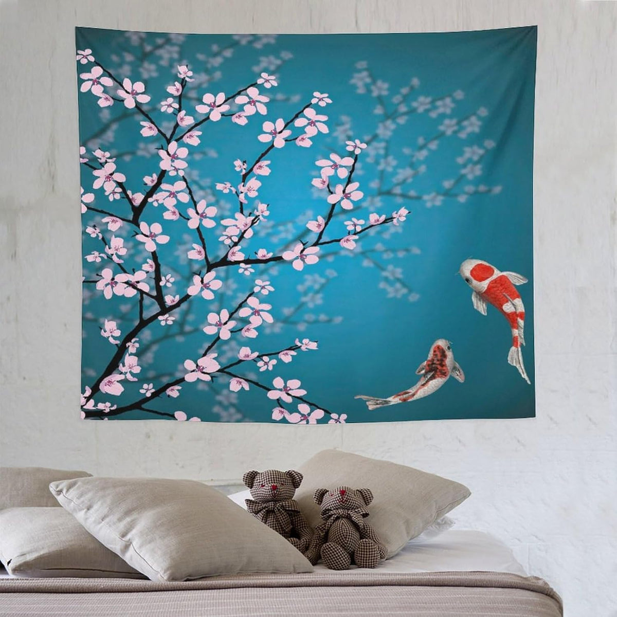 Japanese Koi Fish Tapestry, Cherry Blossoms Asian Oriental Green Teal Flower Branch Koi Fish Carp Tapestries Wall Hanging for Bedroom Living Room Office Decor 60"x50"