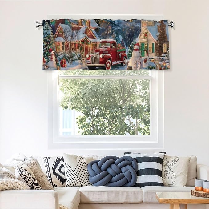 Worltoldb Christmas Red CarCurtain Valance Short Rod Pocket Window Treatment for Living Room Bedroom Kitchen Bathroom 1 Panel 54" W x 18" L