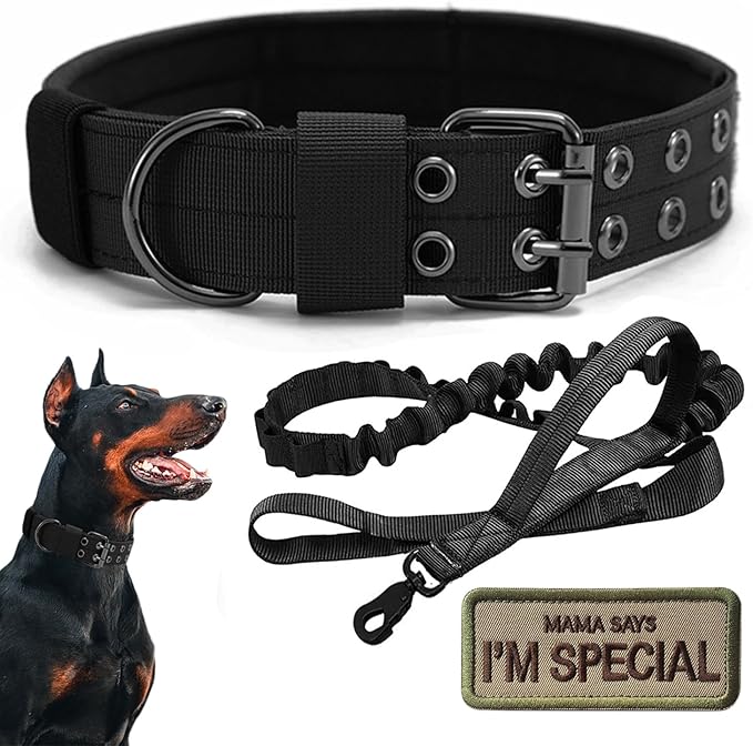 Tactical Dog Collar Military Adjustable Dog Collars Soft Nylon Training Collar with Patch Heavy Duty Metal Buckle Collars for Medium Large Dogs (Black-1, L)