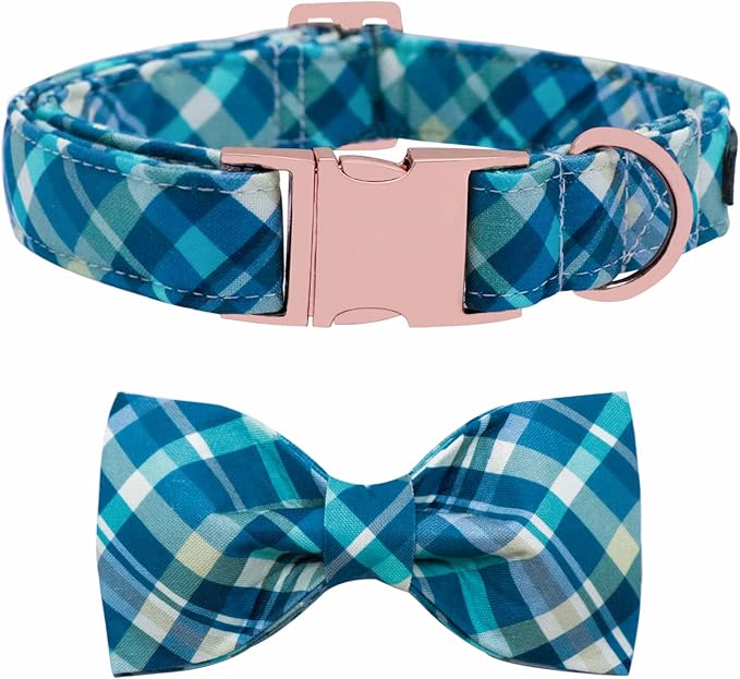 Maca Bates Plaid Blue Dog Collar with Checkered Bow Bowtie for Grid Dogs Bows Tie Adjustable Breakaway Collars Birthday Gift Colar for Small Medium Large XL Girl Boy Male Female Puppy Pets
