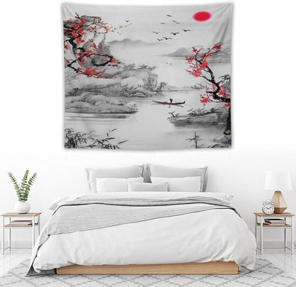 Cherry Blossoms Tapestry,Japanese Red Landscape Watercolor Abstract Art Tapestry,Asian Japanese Wall Tapestry, Nature Landscape Tapestries for Bedroom Living Room Decor 60"x50"