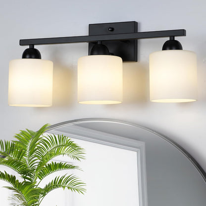 Milk Glass Vanity Lights for Bathroom, 3 Light Matte Black Bathroom Light Fixtures Over Mirror, Ceramic E26 Sockets Wall Mounted