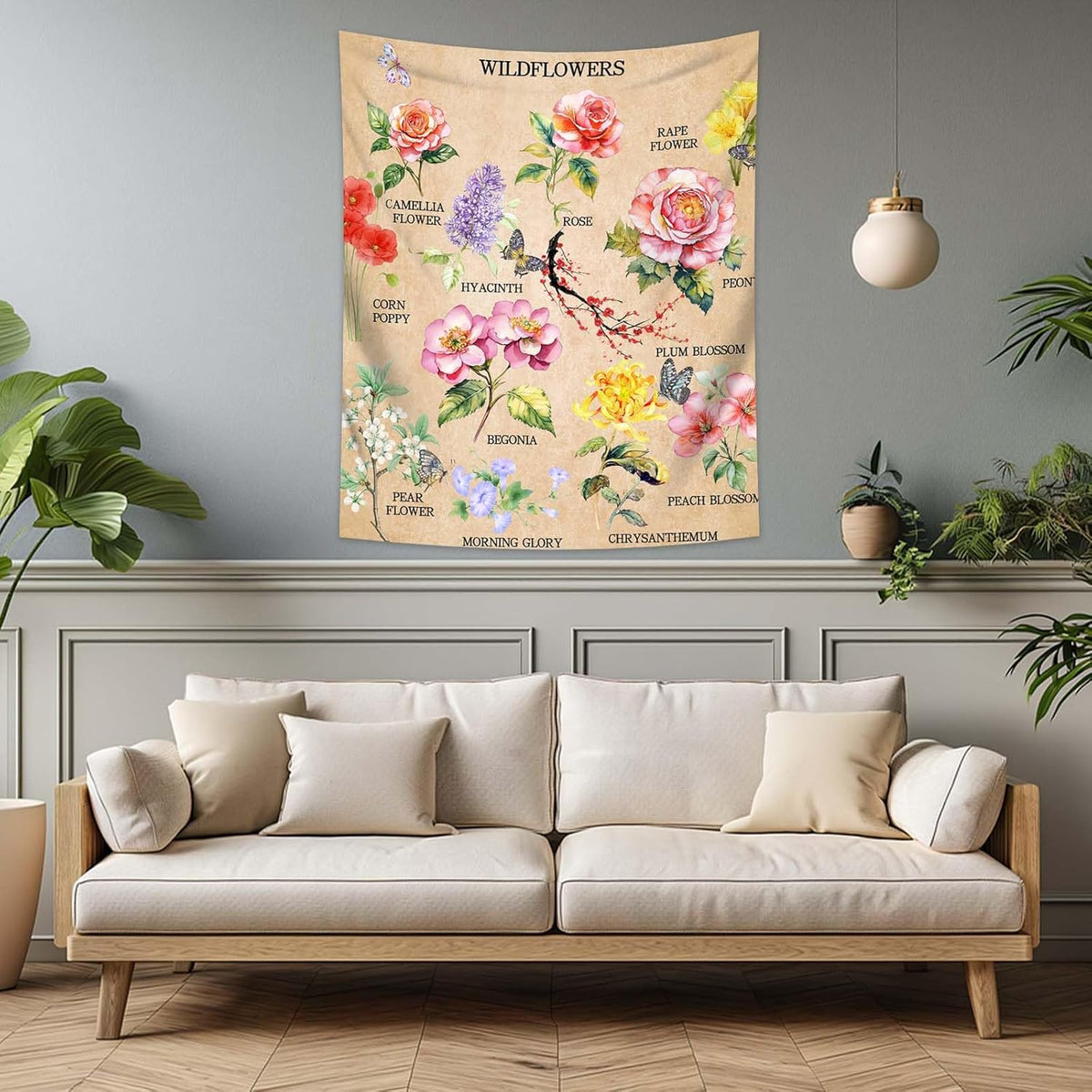 dueeia Vintage Floral Tapestry Wall Hanging Wildflowers Colourful Flower Boho Butterfly Tapestries for Bedroom Aesthetic Living Room Wall Decor (90.6"x70.9")