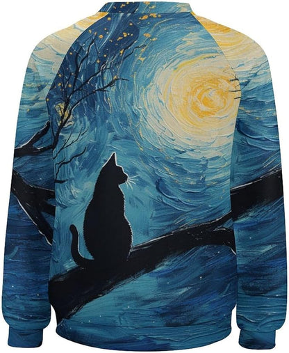 Long Sleeve Shirts for Women Cat Oil Painting Shirt 3D Graphic Sweatshirts Fall Pullover Crewneck Vintage Boho Tops