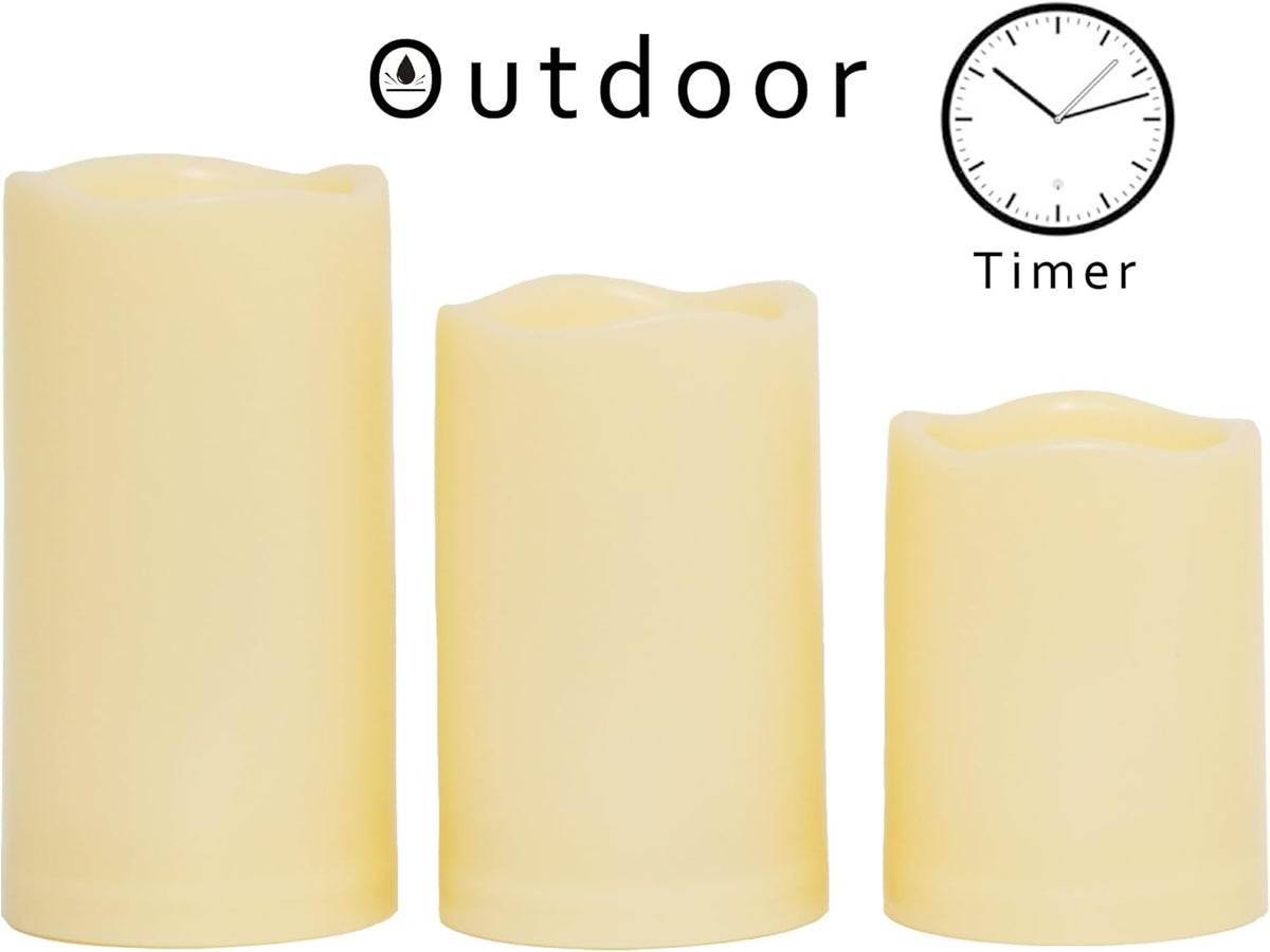 CANDLE CHOICE Waterproof Outdoor Battery Operated Flameless Candles with Timer Realistic Flickering Plastic Fake Electric LED Pillar Lights for Lantern Garden Wedding Christmas Decorations 3 Pack