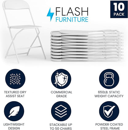 Flash Furniture Hercules Set of 10 Indoor/Outdoor Heavy-Duty Plastic Folding Chairs, Foldable Commercial Stacking Chairs with 650-lb. Static Weight Capacity, White