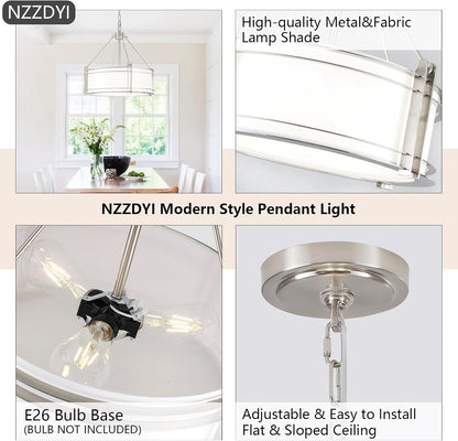 16.3''Drum Chandelier 3-Light Brushed Nickel Modern White Fabric Chandeliers Adjustable Drum Pendant Light for Dining Room Kitchen Island Hallway Living Bedroom