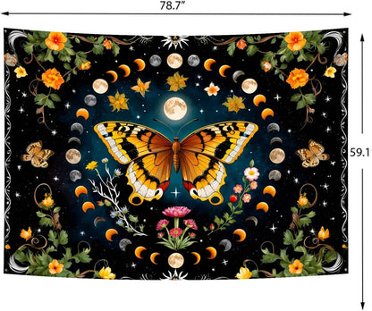 Delur Butterfly Moon Flower Tapestry Botanical Floral Plant Boho Tapestry Wall Hanging Mandala Aesthetic Mushroom Retro Vintage Headboard for Bedroom Living Room Home Decor (59.1" x 78.7")