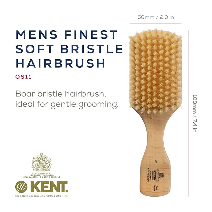 Kent OS11 Satinwood Military Club Hair Brush & Beard Brush – Soft White Boar Bristles for Fine or Thinning Hair, Recommended for Sensitive Scalp and Hair Loss, Men's Grooming, and Beard Care
