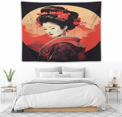 Japanese Woman Geisha Tapestry Asian Cherry Blossom Red Sun Traditional Kimono Folk Tapestries Home Decor for Living Room Bedroom Apartment Farmhouse Dorm 80"x60"
