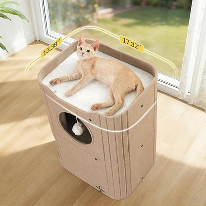Cat House for Indoor Cats Large Cat Bed Cave 2-Storey Cats Condo with Cozy Felt Covered Hideaway for Multiple Pets Beige