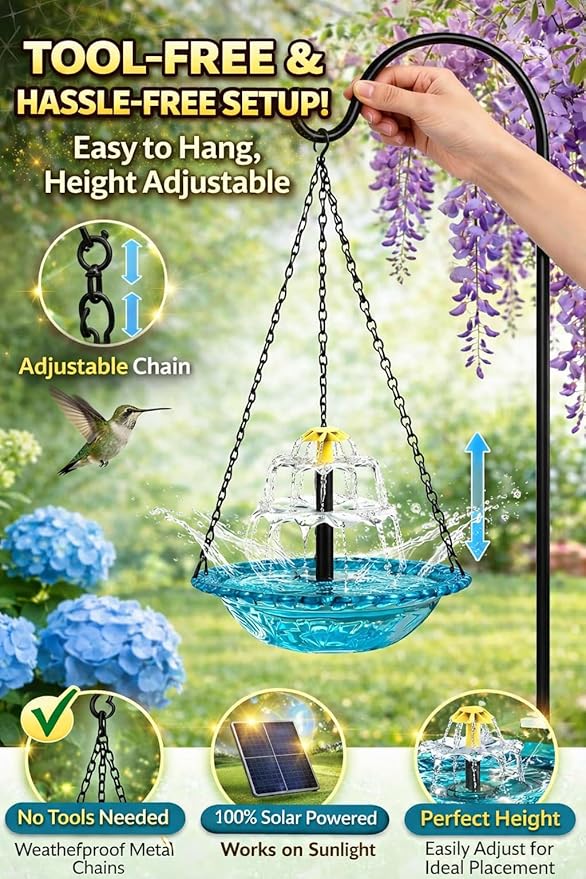 Solar Cascade Hanging Bird Bath Fountain, 2026 New Outdoor Hanging Bird Bath with Solar Fountain, Large Humming Birds Baths Fountains, with Solars Pump & Glass Bowl, for Outdoor, Gardens (#2)