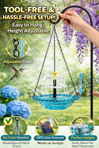 Solar Cascade Hanging Bird Bath Fountain, 2026 New Outdoor Hanging Bird Bath with Solar Fountain, Large Humming Birds Baths Fountains, with Solars Pump & Glass Bowl, for Outdoor, Gardens (#2)