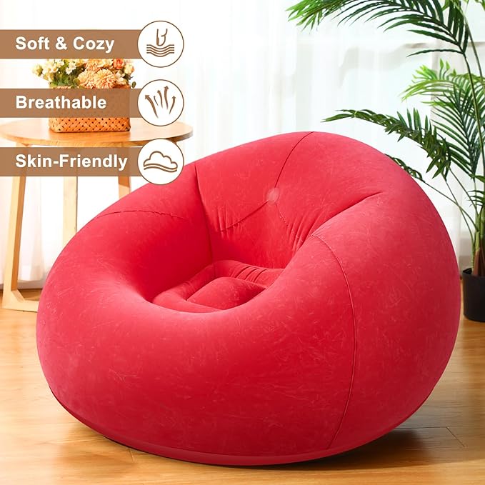 Realspring 9 Pcs Bean Bag Chairs for Adults Inflatable Chairs with Electric Air Pump,Blow up Couch Folding Portable Inflatable Couch Lazy Sofa for Reading Living Room Camping (Red)