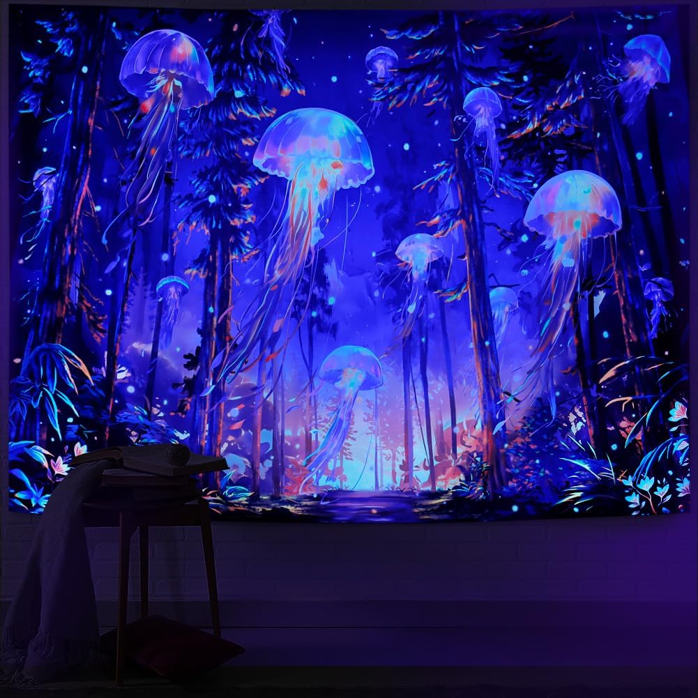 Racunbula Blacklight Forest Jellyfish Tapestry UV Reactive Nature Tree Tapestry Trippy Fantasy Starry Sky Tapestries Aesthetic Jungle Plants Tapestries Wall Hanging for Bedroom