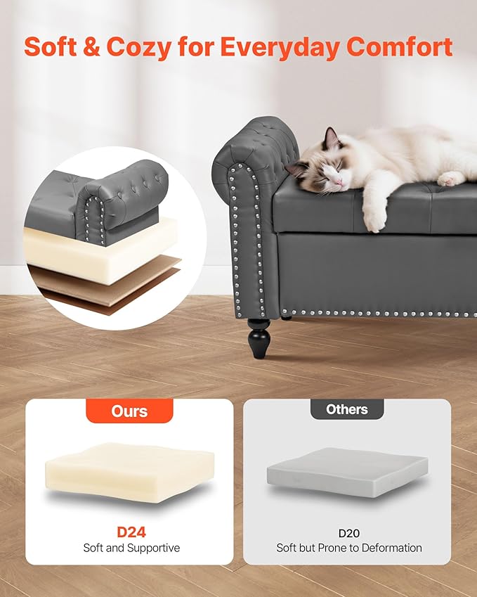 VEVOR Button-Tufted Storage Ottoman Bench, Rolled Arm PU Leather Bench with Solid Wood Legs, Modern Shoe Benches Seat for Entryway, Upholstered End of Bed Benches for Living Room, Dining Room, Gray