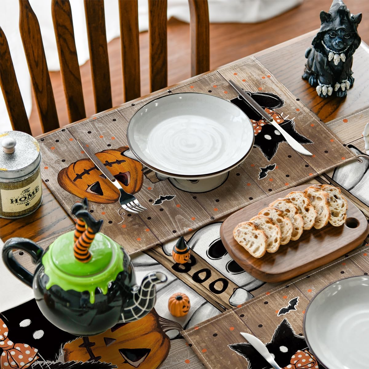 Artoid Mode Wood Polka Dot Ghost Cat Boo Halloween Placemats Set of 4, 12x18 Inch Seasonal Table Mats for Party Kitchen Dining Decoration