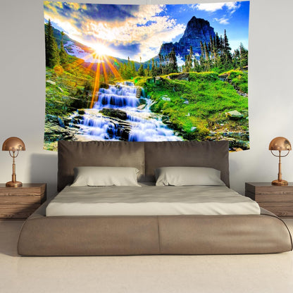 Delur Mountain Waterfall Tapestry Sunset Forest Tree Nature Landscape Tapestry Wall Hanging Tropical Sunrise Rainforest Psychedelic Scenic Headboard for Bedroom Living Room Home Decor (70.8" x 92.5")